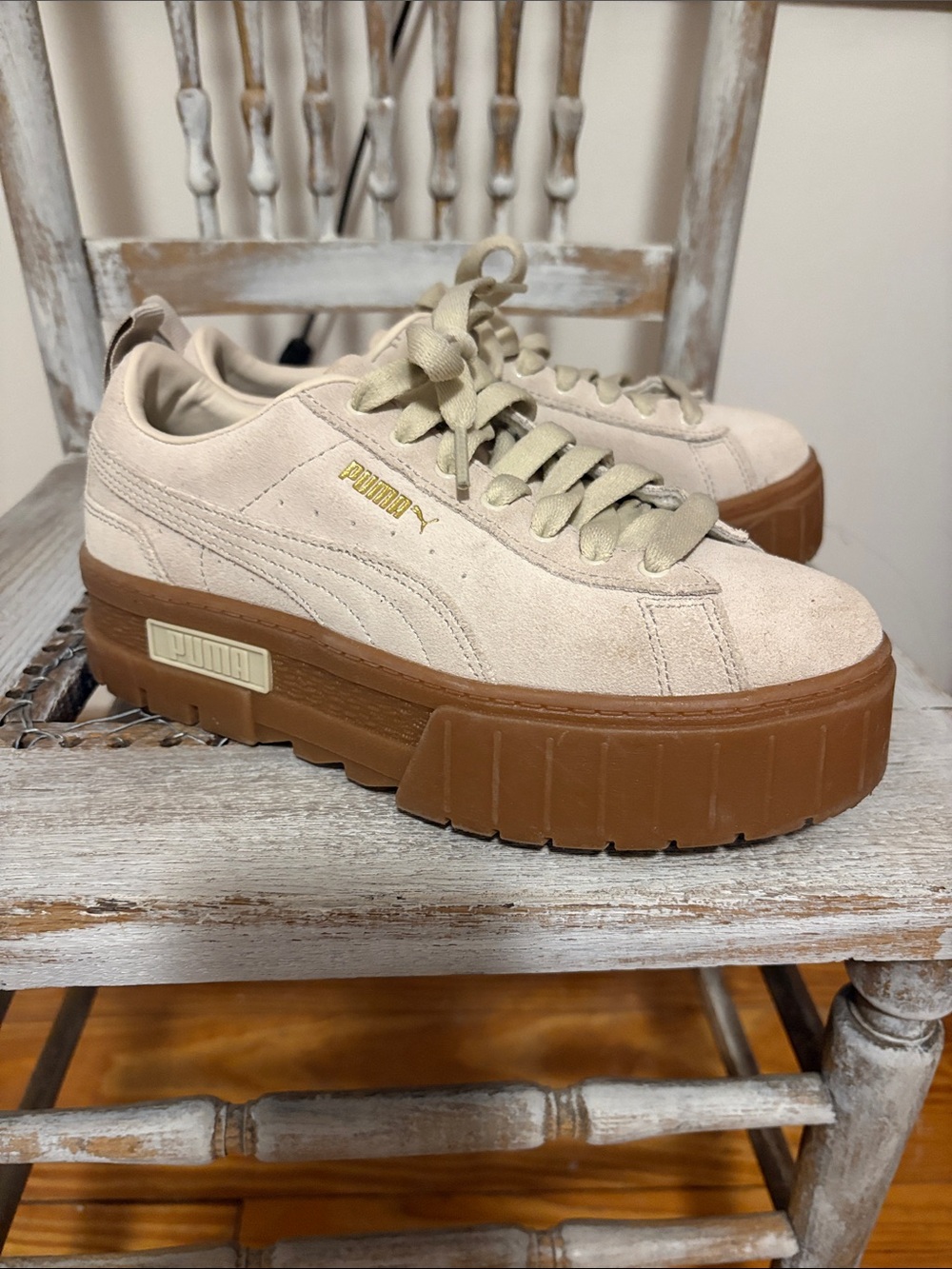 Puma Platform Suede Sneakers — Cream Upper with Brown Gum Platform